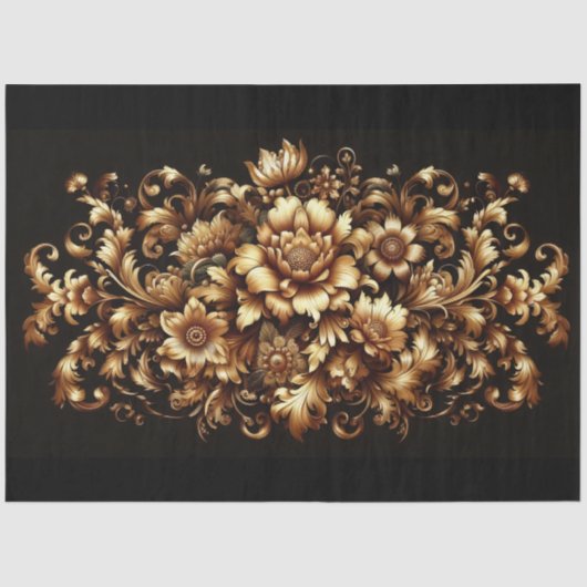 Extra Large Gold on Black Baroque Floral Decoupage 薄葉紙 (正面)