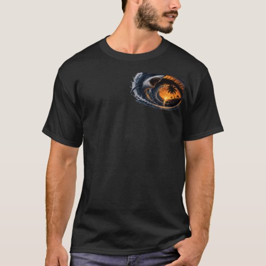 Eye of the Wave – 超現実サメ 海のサンセット 光学デザイン Tシャツ (正面)