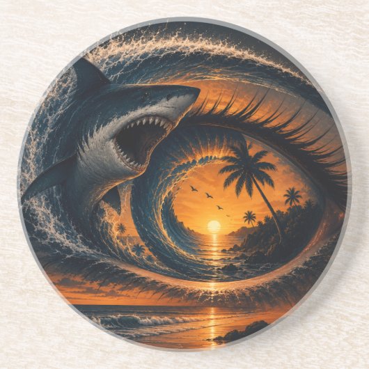 Eye of the Wave – 超現実的サメの夕焼けスロー枕 コースター (正面)