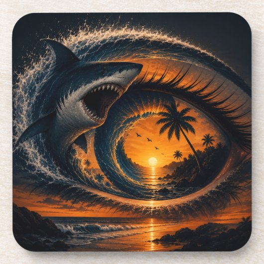 Eye of the Wave – 超現実的サメの夕焼けスロー枕 コースター (正面)