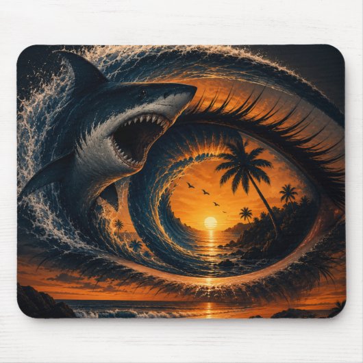 Eye of the Wave – 超現実的サメの夕焼けスロー枕 マウスパッド (正面)