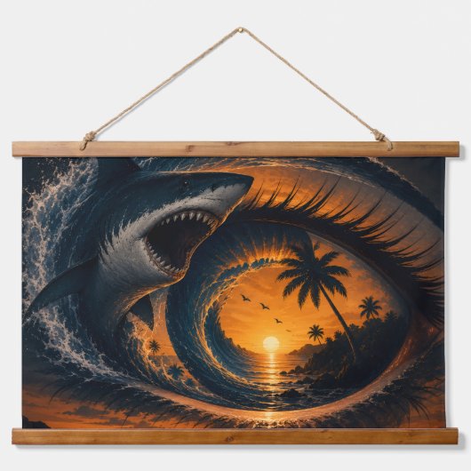 Eye of the Wave – 超現実的サメの夕焼けスロー枕 吊り下げ型タペストリー (正面)