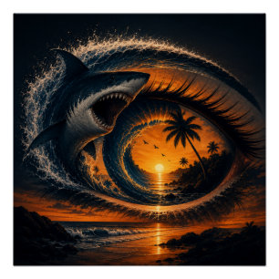 Eye of the Wave – 超現実的サメの夕焼けポスター ポスター