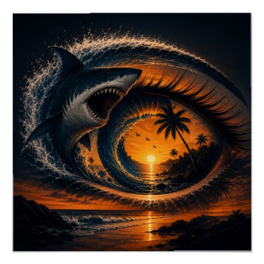 Eye of the Wave – 超現実的サメの夕焼けポスター ポスター (正面)