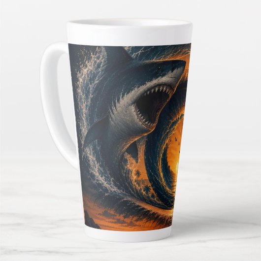 Eye of the Wave – 超現実的サメの夕焼け カフェラテマグ (左アングル)