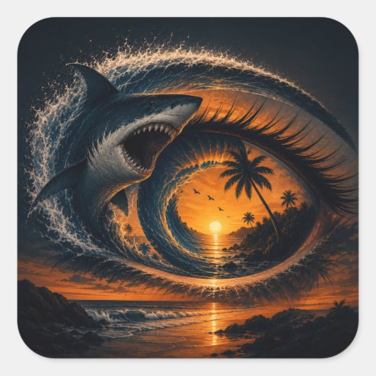 Eye of the Wave – 超現実的サメの夕焼け スクエアシール (正面)