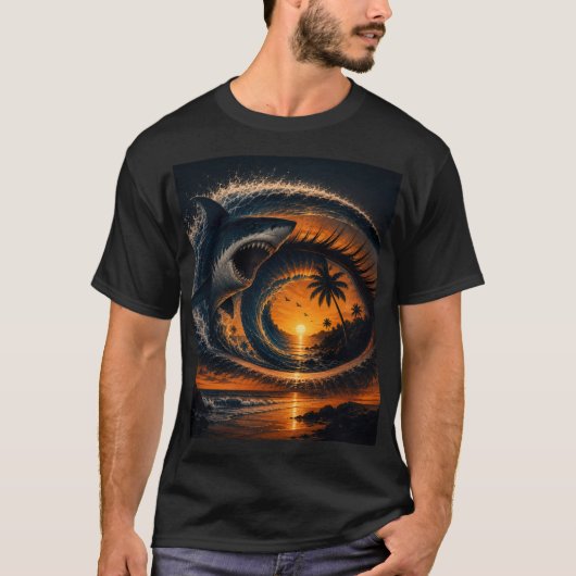 Eye of the Wave – 超現実的サメ 海のサンセット 光学デザイン Tシャツ (正面)