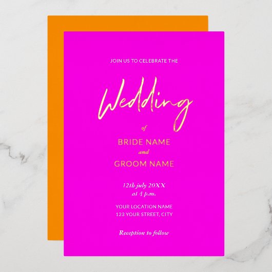 Eyecatching Pink Orange Script 結婚's モダン 箔招待状 (正面/裏面)