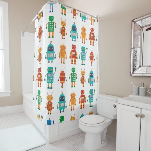 fのカラフルレトロロボットからのシームレスなパターン シャワーカーテン (インサイチュ)