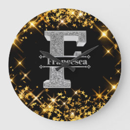 Fイニシャルパーソナライズされたシルバーモノグラムあなたの名前 ラージ壁時計