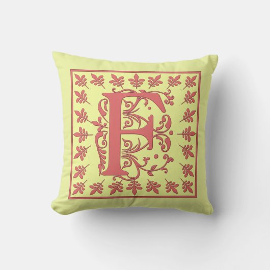 Fイニシャルピロー - 黄色の背景にピンクのF クッション (正面)