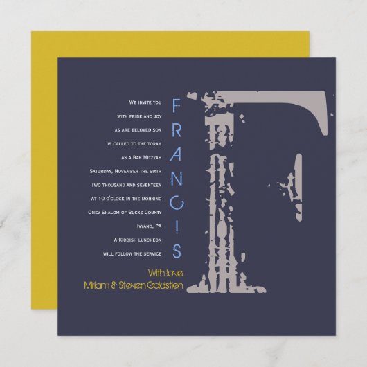 Fイニシャル収集こうもりバー（ユダヤ教の）バル・ミツバー招待状 招待状 (正面/裏面)