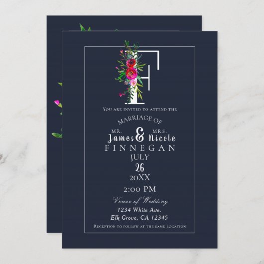 Fモノグラムラストイニシャルモダンブルーフローラ結婚ズ 招待状 (正面/裏面)