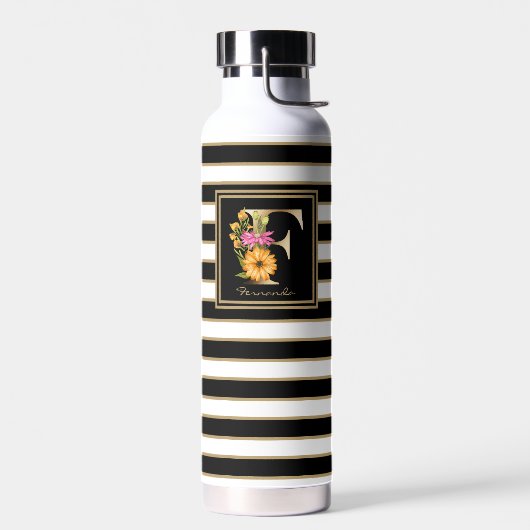 F金ゴールドフローラモノグラム |白黒金ゴールドストライプ ウォーターボトル (左面)