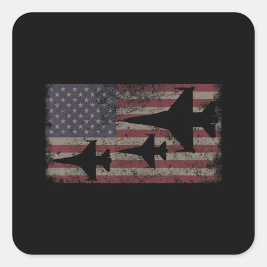 F16 Fighter Jet Plane USA Flag Patriot スクエアシール (正面)