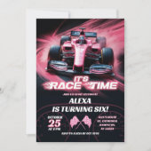 F1 ピンク レースカー 誕生日ガール 招待状 (正面)