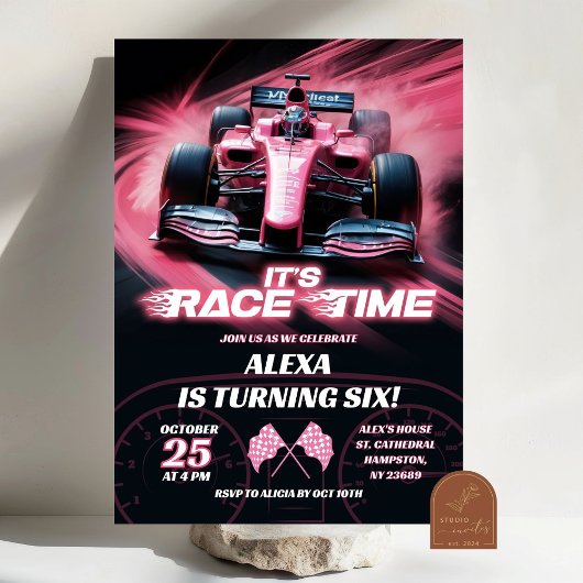 F1 ピンク レースカー 誕生日ガール 招待状
