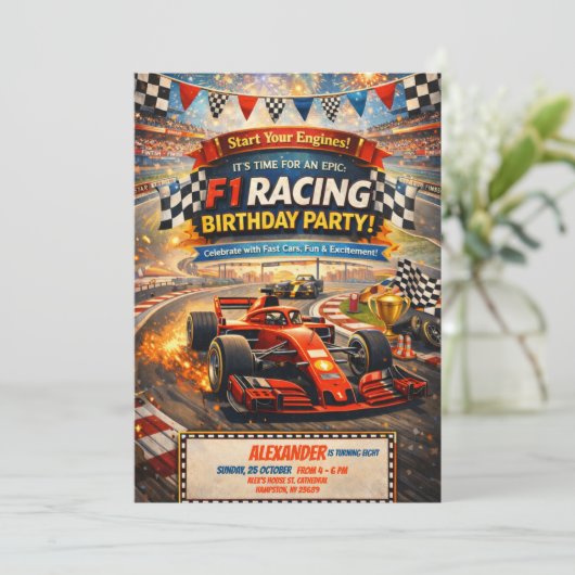 F1 Racing Red Car Birthday Boy Party Invitation 招待状 (スタンド正面)
