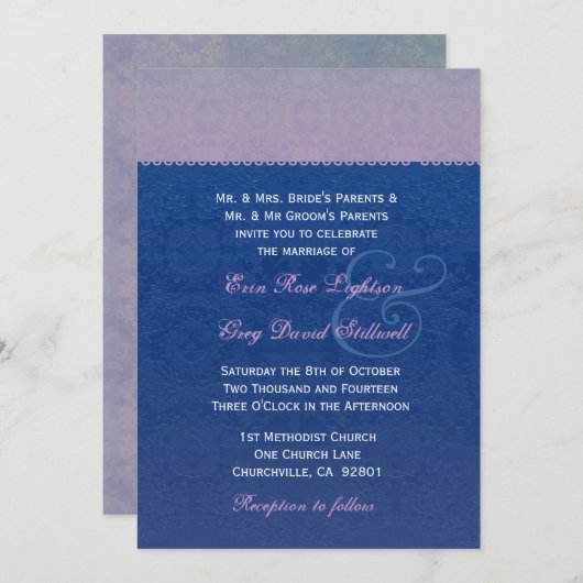 F328を結婚する濃紺および紫色のレース 招待状 (正面/裏面)