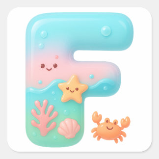 "F" かわいいバブルレター - 海の生き物 スクエアシール