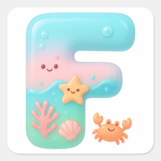 "F" かわいいバブルレター - 海の生き物 スクエアシール (正面)