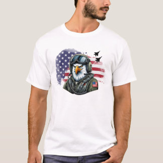 F-15ジェットと旗を持つイーグル戦闘機パイロット Tシャツ