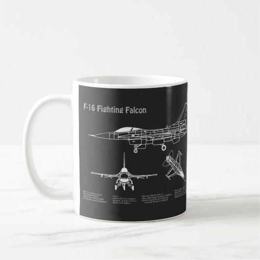 F-16戦闘《鳥》ハヤブサ – 飛行機設計図PD コーヒーマグカップ (左)