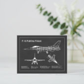 F-16戦闘《鳥》ハヤブサ – 飛行機設計図PD ポストカード (スタンド正面)