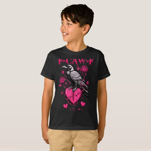 F-caw-f Black Crow Black Bird Roses Heart Funny Va Tシャツ (正面フル)