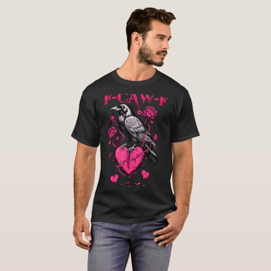 F-caw-f Black Crow Black Bird Roses Heart Funny Va Tシャツ (正面フル)
