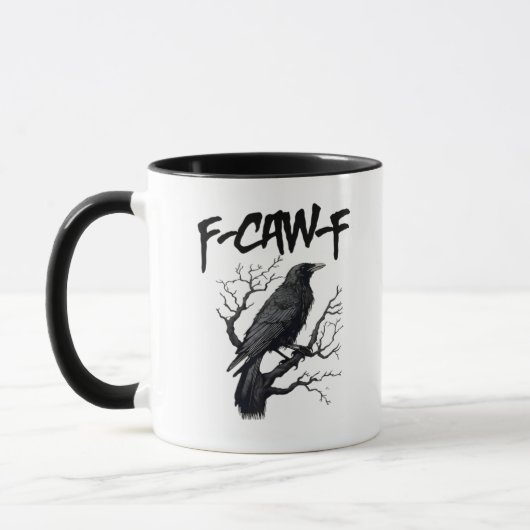 F Caw F Crow、F-Caw-F 笑顔を運ぶ鳥の面白いミーム マグカップ (左)
