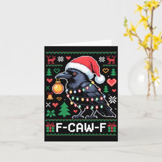 F-caw-f Funny Black Bird Humor Christmas Ugly Swea カード (黄色い花)