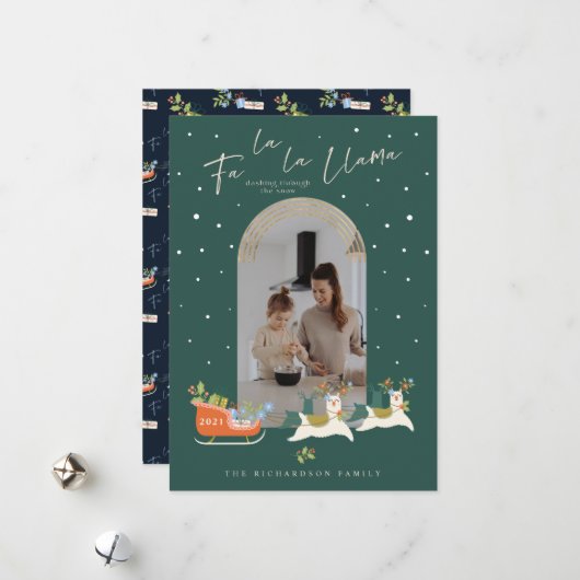 Fa La La Christmas Llama Reindeers & Sleigh写真 シーズンカード (正面/裏面インサイチュ)