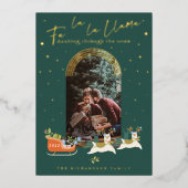 Fa La La Christmas Llama Reindeers & Sleigh写真 箔シーズンカード (正面)
