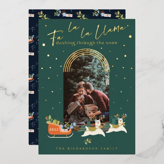 Fa La La Christmas Llama Reindeers & Sleigh写真 箔シーズンカード (正面/裏面)