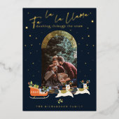 Fa La La Christmas Llama Reindeers & Sleigh写真 箔シーズンカード (正面)