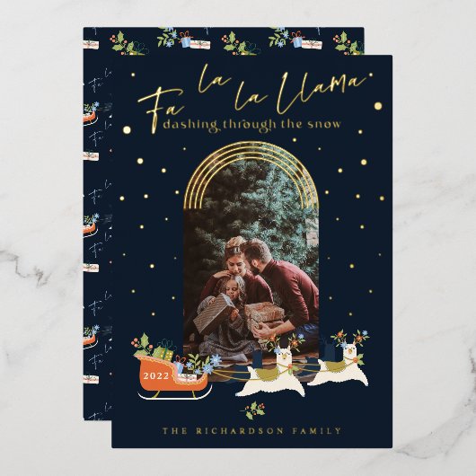 Fa La La Christmas Llama Reindeers & Sleigh写真 箔シーズンカード (正面/裏面)