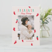 Fa La La La La Christmas. Cute Photo and Stockings シーズンカード (スタンド正面)