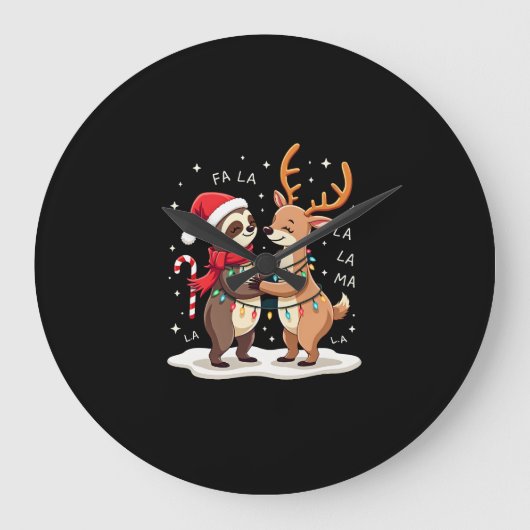 Fa La La Llama Xmas Lights Sloth Riding Llama Chri ラージ壁時計 (正面)