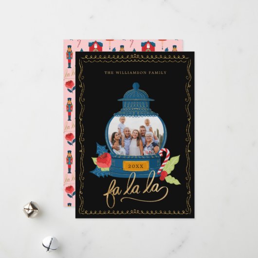 Fa La Nutcracker Christmas Family Photo Snow Globe シーズンカード (正面/裏面インサイチュ)