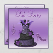 Fab 40パープルディバケーキ、スパークルヒール誕生日 招待状 (正面/裏面)