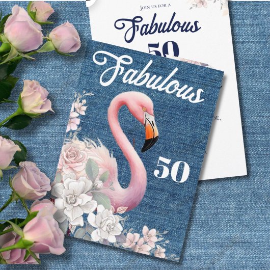 Fabulous 50 Flamingo Birthday Pink Floral Elegant  招待状