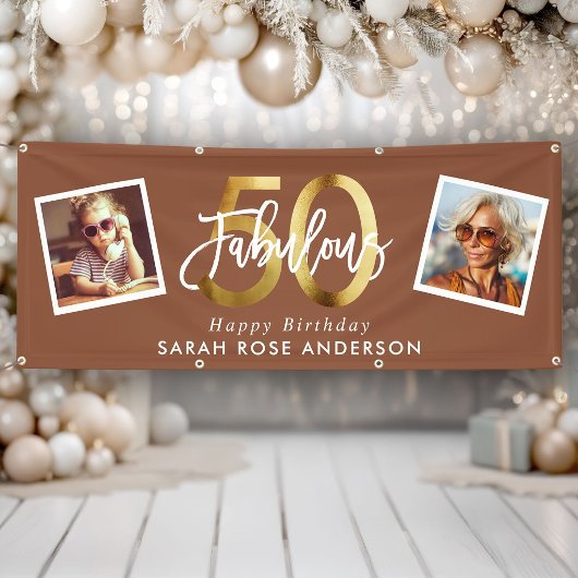 Fabulous 50th Happy Birthday Photo Terracotta Gold 横断幕