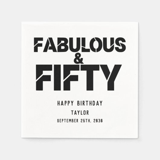 Fabulous and Fifty Birthday Black Bold Script スタンダードカクテルナプキン (正面)