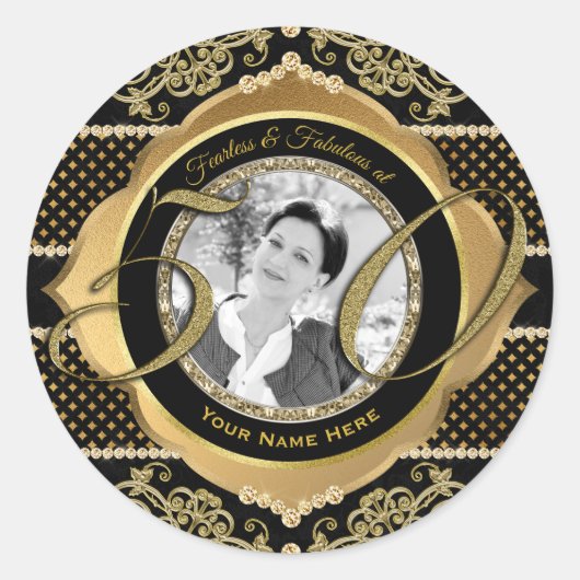 Fabulous at Fifty金ゴールドブラックフォトフレーム ラウンドシール (正面)