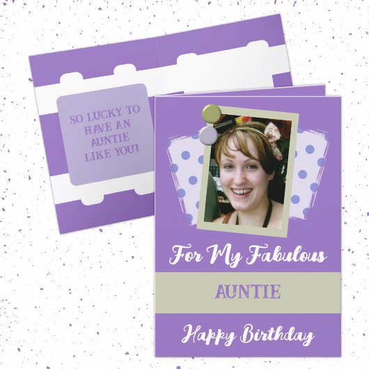 Fabulous auntie photo name purple green birthday カード