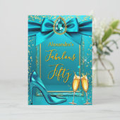 Fabulous Birthday Blue Teal Heel Champagne Gold 招待状 (スタンド正面)