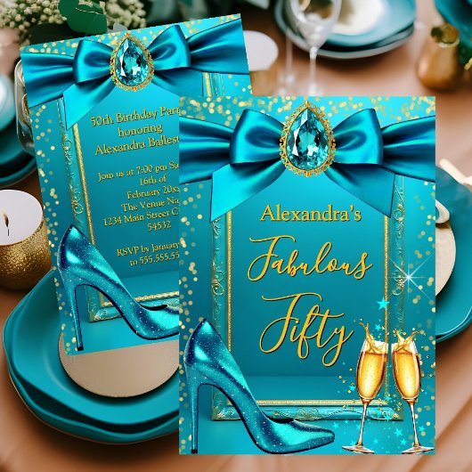 Fabulous Birthday Blue Teal Heel Champagne Gold 招待状
