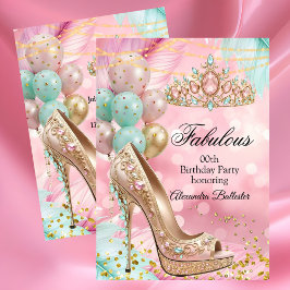 Fabulous birthday Blush Pink Teal Tiara Gold Heel 招待状
