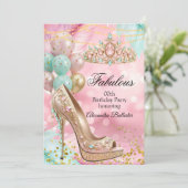 Fabulous birthday Blush Pink Teal Tiara Gold Heel 招待状 (スタンド正面)